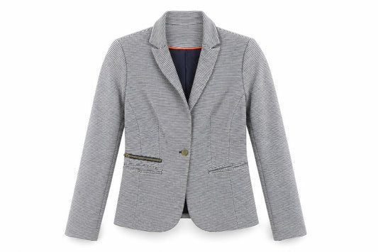 Front view of Pimkie women’s blue striped jacket blazer, size UK 12