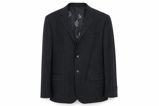 Front view of Nick(it) men’s black striped jacket blazer, size L