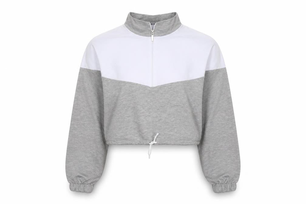 Front view of Boohoo women’s grey pullover sweatshirt, size S, - cropped