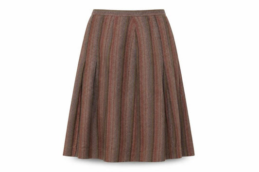 Front view of Preworn women’s multicoloured tweed pleated skirt, size UK 14