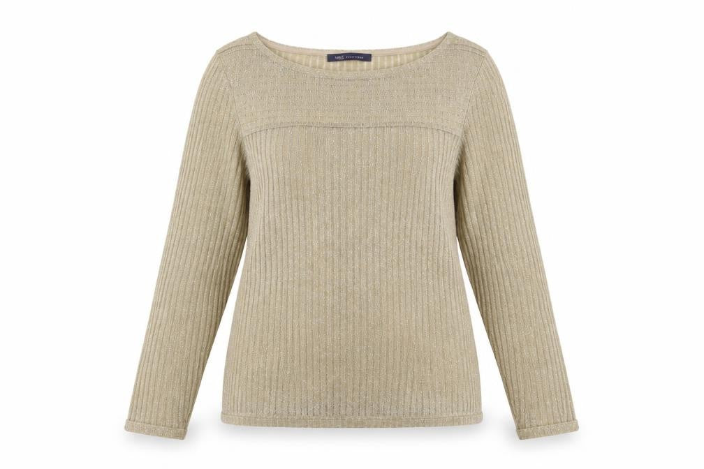 Front view of Marks & Spencer women’s gold knit jumper, size UK 12