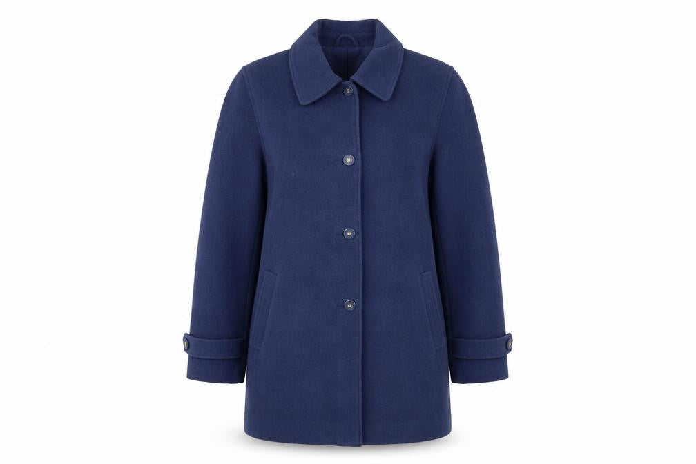 Front view of EWM women’s blue overcoat coat, size UK 12