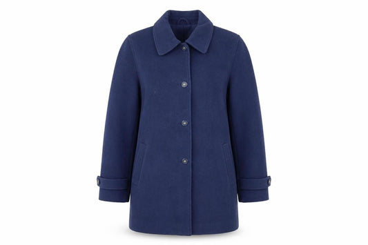 Front view of EWM women’s blue overcoat coat, size UK 12