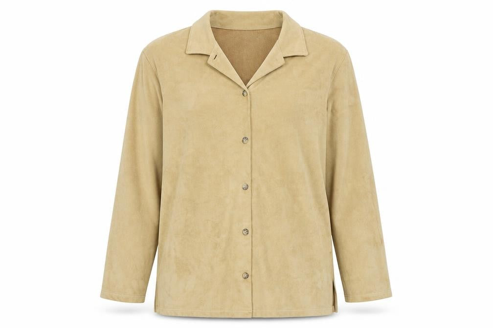 Front view of Liz Claiborne women’s beige basic button-up, size L