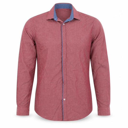 Front view of Cedarwood State men’s red button-up, size 15.5