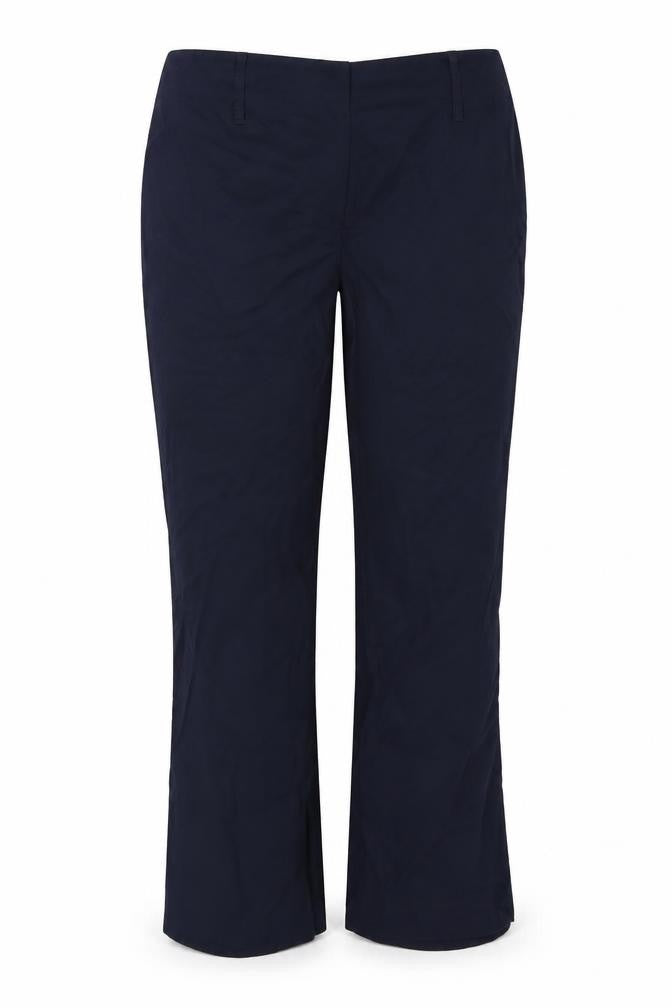 Front view of elite women’s blue trousers, size UK 16, 26-inch leg