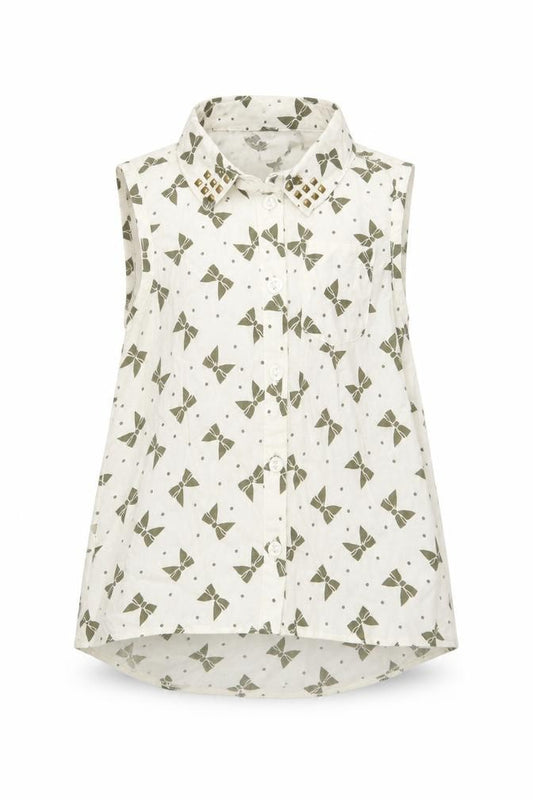 Front view of F&F girls’ ivory geometric basic button-up, size 12-18, months