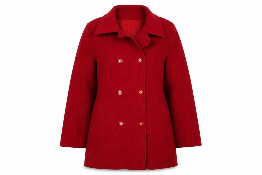 Front view of Marks & Spencer women’s red pea coat coat, size UK 12