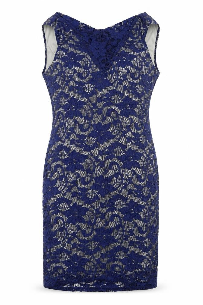 Front view of Mela London women’s blue floral sheath, size UK 14