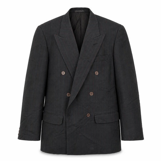 Front view of Preworn men’s grey striped jacket suit jacket, size 40, - red and blue