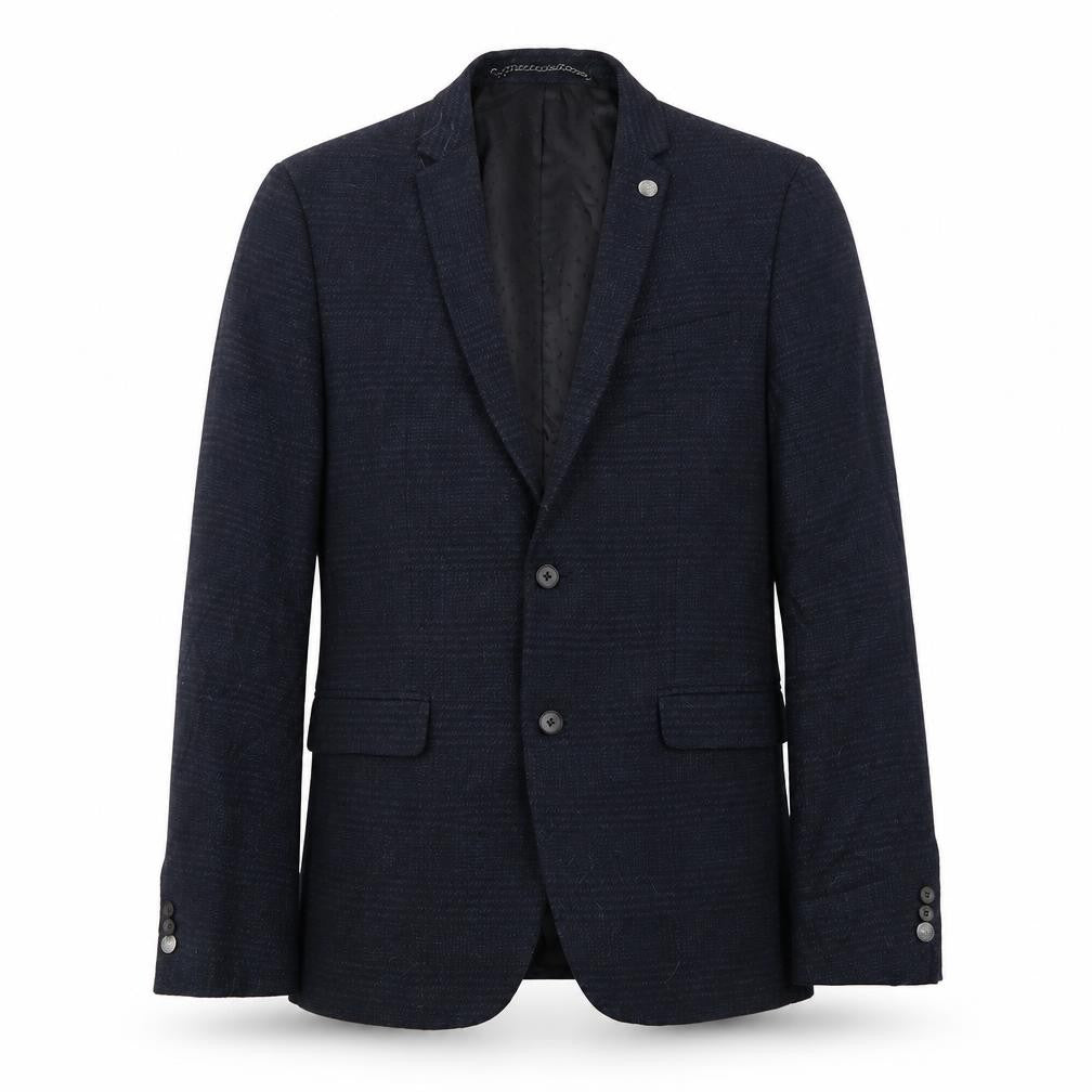 Front view of Burton men’s blue striped jacket suit jacket, size M