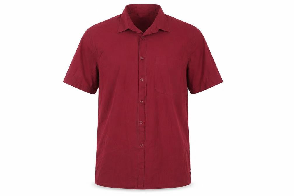 Front view of Tom Hagan men’s red button-up, size L, - burgundy