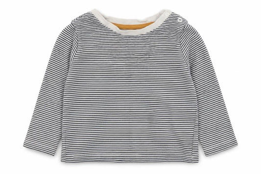 Front view of F&F boys’ blue striped basic t-shirt, size 12-18, months