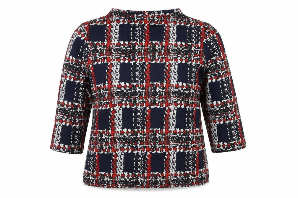 Front view of Street One women’s blue geometric basic t-shirt, size UK 16