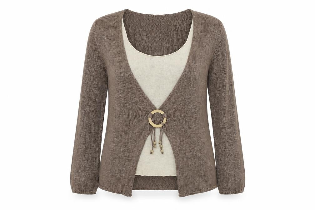 Front view of Marks & Spencer women’s brown knit jumper, size UK 14
