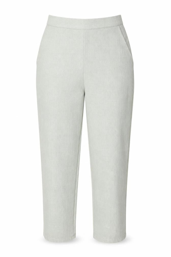 Front view of Prwrn women’s green cropped trousers, size UK 8, 22-inch leg