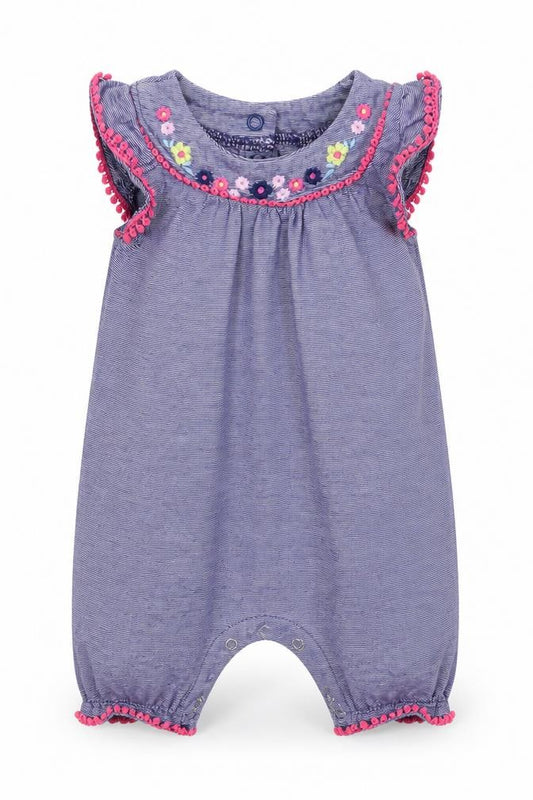 Front view of F&F girls’ blue striped babygrow one-piece, size 3-6, months