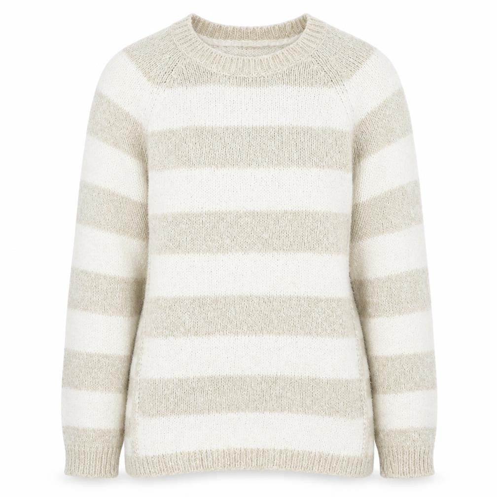 Front view of Marks & Spencer women’s beige striped jumper, size UK 10