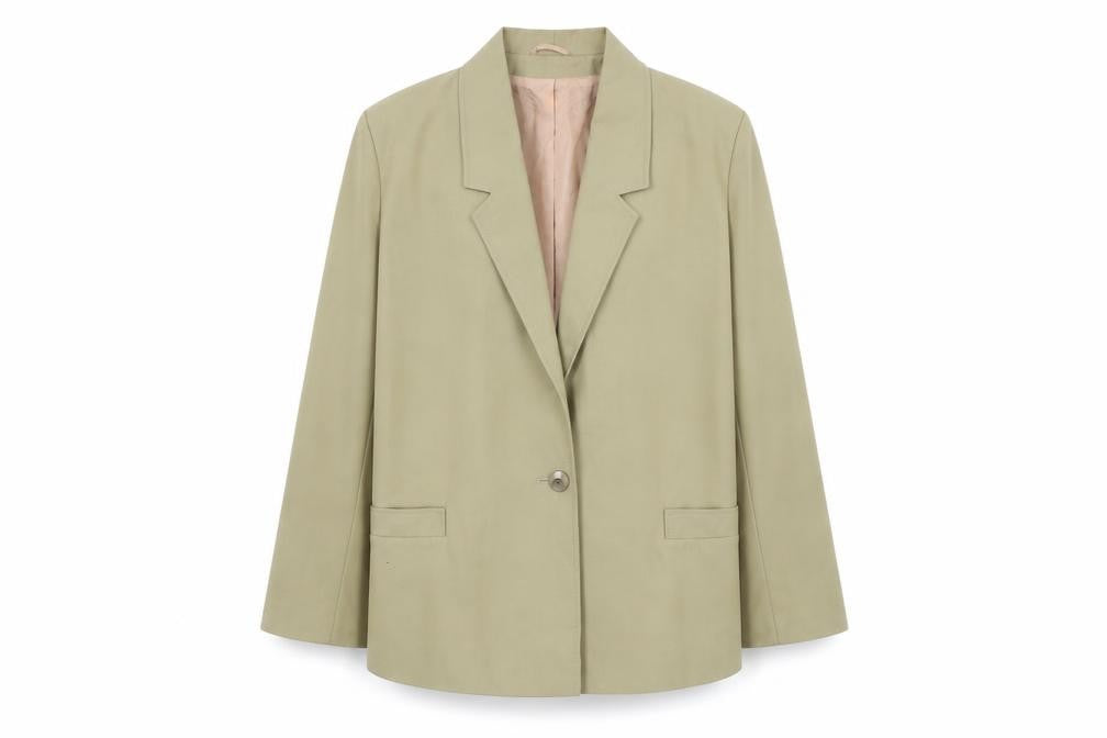 Front view of PAUL VADIM women’s beige jacket blazer, size UK 14