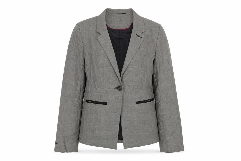 Front view of Tu women’s grey check jacket suit, size UK 12