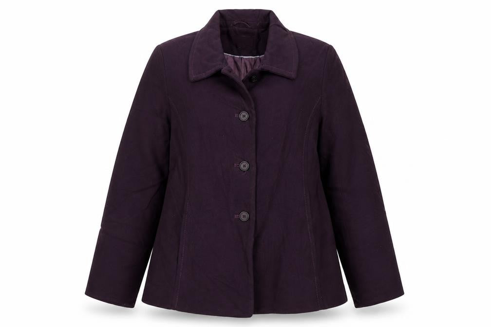 Front view of Marks & Spencer women’s purple overcoat coat, size UK 16