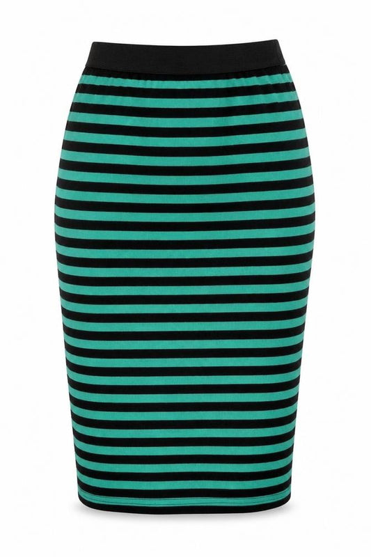 Front view of Boohoo women’s green striped bandage skirt, size UK 8