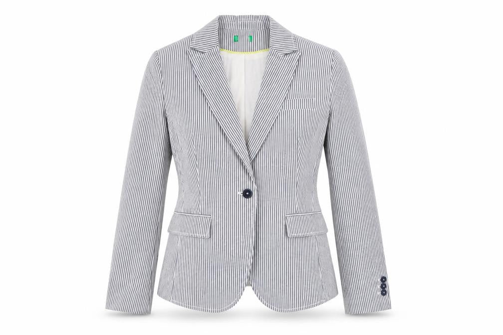 Front view of Preworn women’s blue striped jacket blazer, size UK 10
