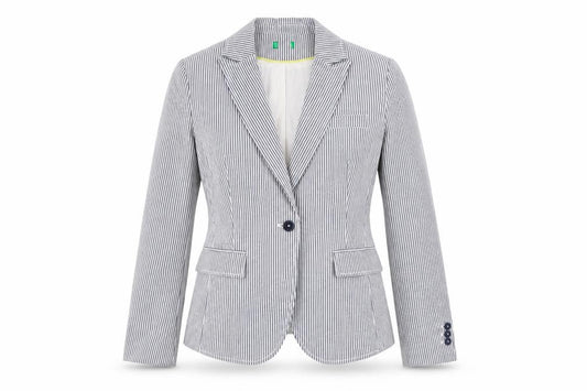 Front view of Preworn women’s blue striped jacket blazer, size UK 10
