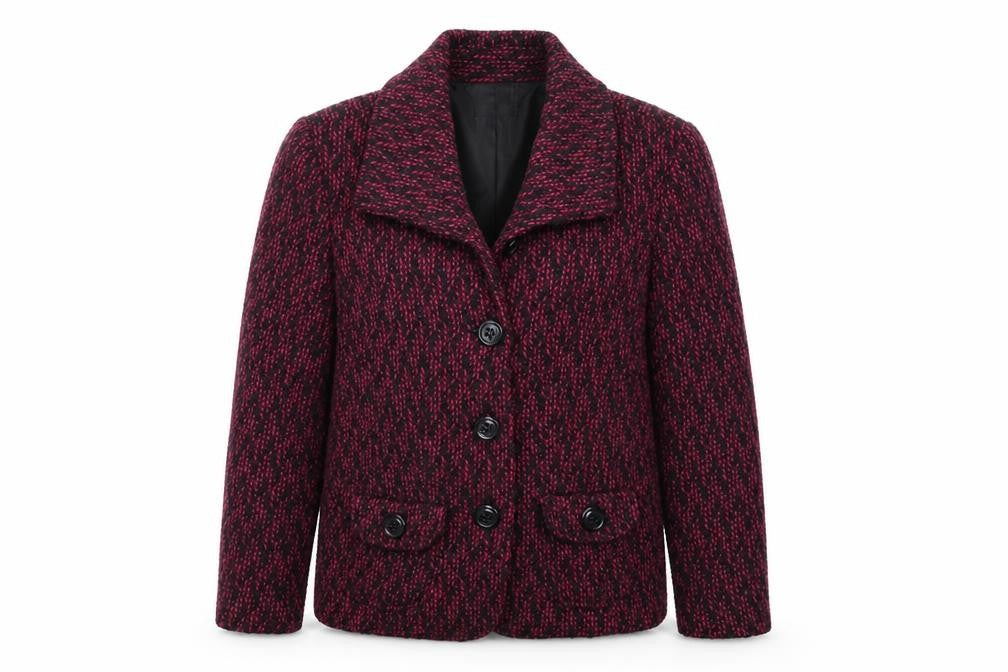 Front view of OSCAS B women’s purple jacket coat, size UK 14