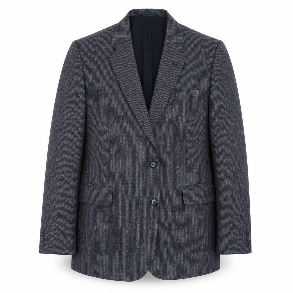 Front view of eural tergal men’s blue striped jacket suit jacket, size 42