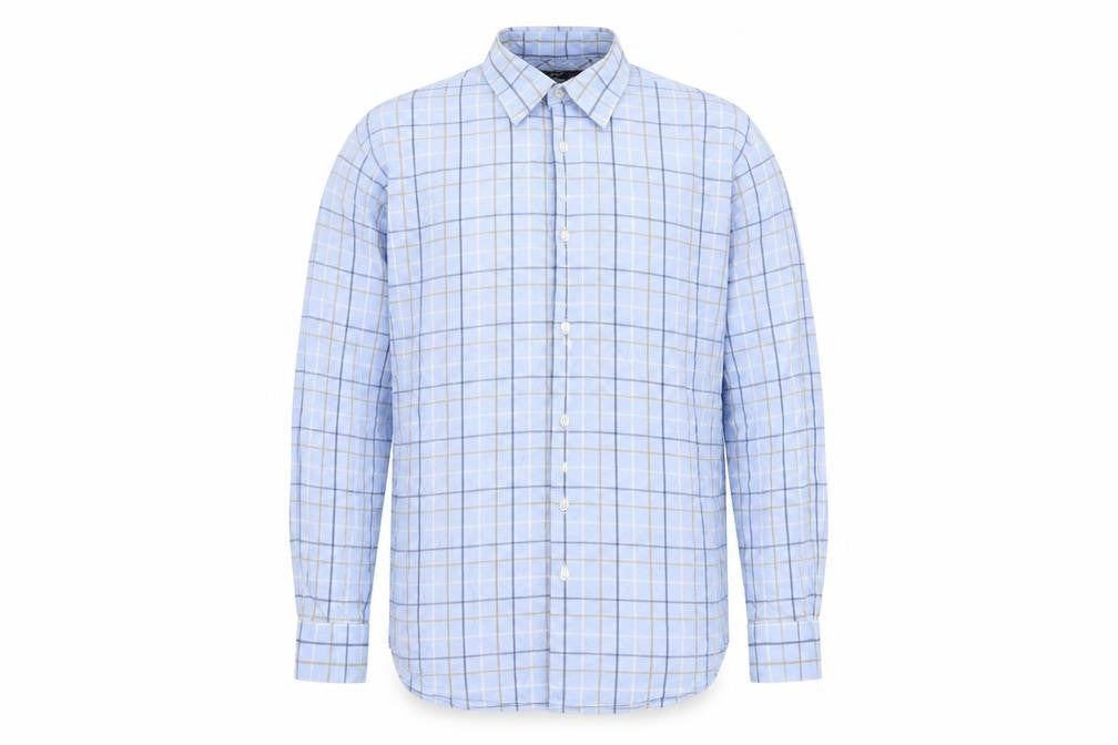 Front view of Zona men’s blue check button-up, size L