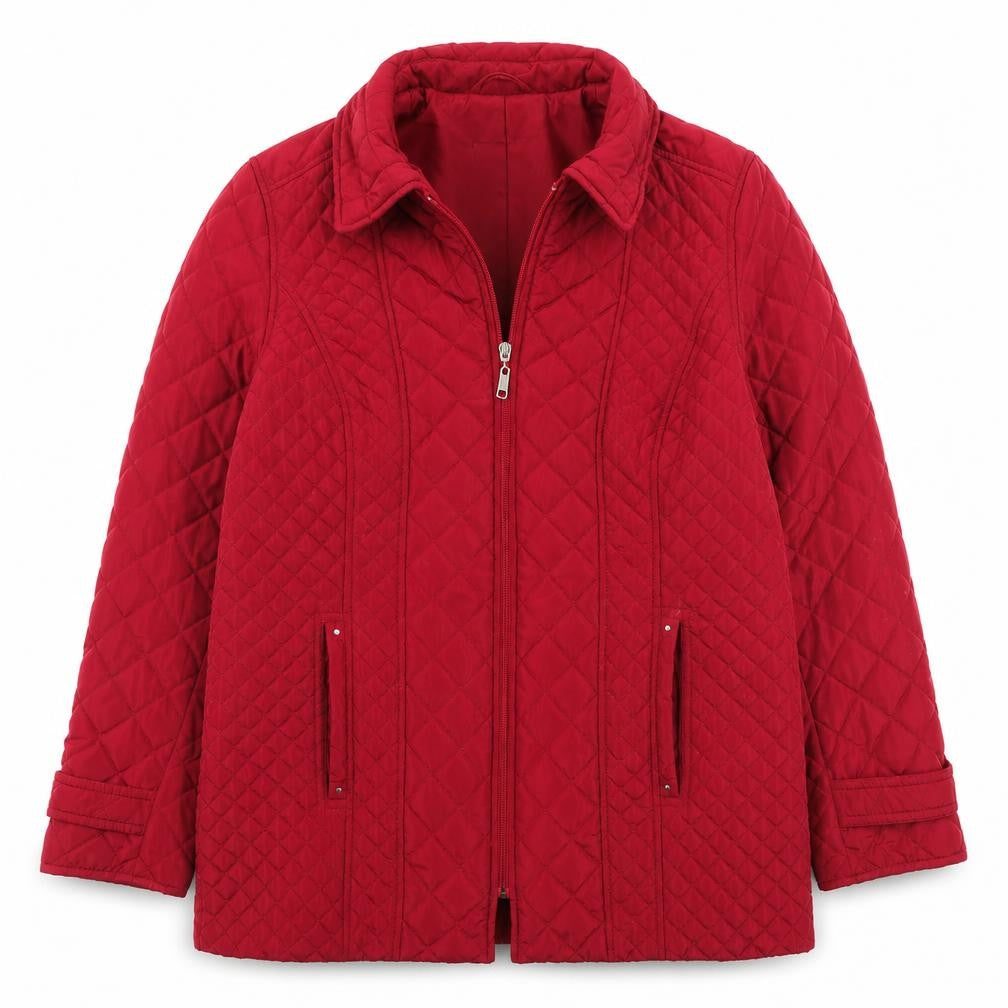 Front view of Marks & Spencer women’s purple quilted coat, size UK 14