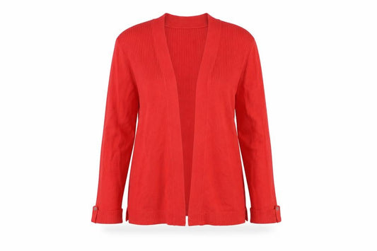 Front view of BHS women’s red cardigan jumper, size UK 12