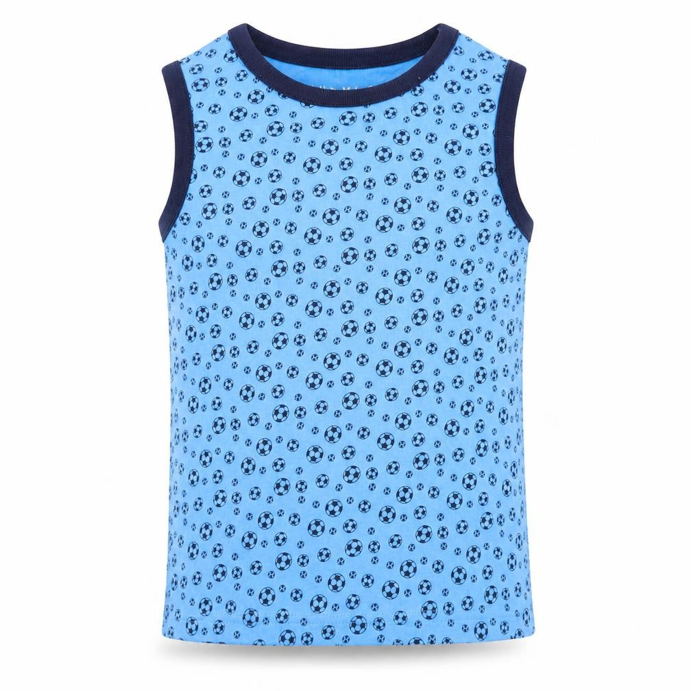 Front view of Nutmeg boys’ blue geometric basic tank, size 5-6, years