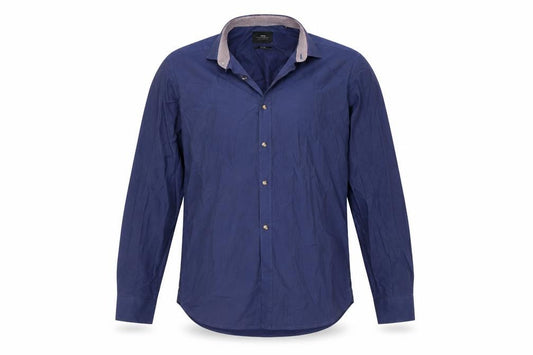 Front view of Moss London men’s blue button-up, size 16