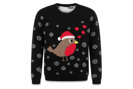 Front view of Internacionale men’s black geometric jumper, size M, - christmas