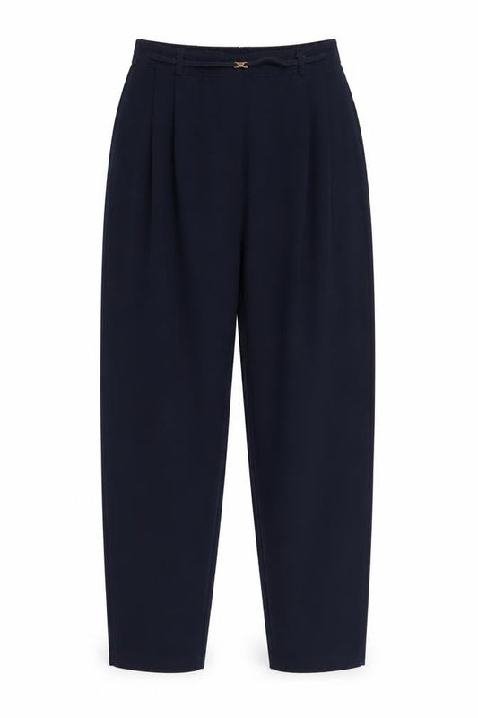 Front view of Preworn women’s blue trousers, size UK 14, 38-inch leg