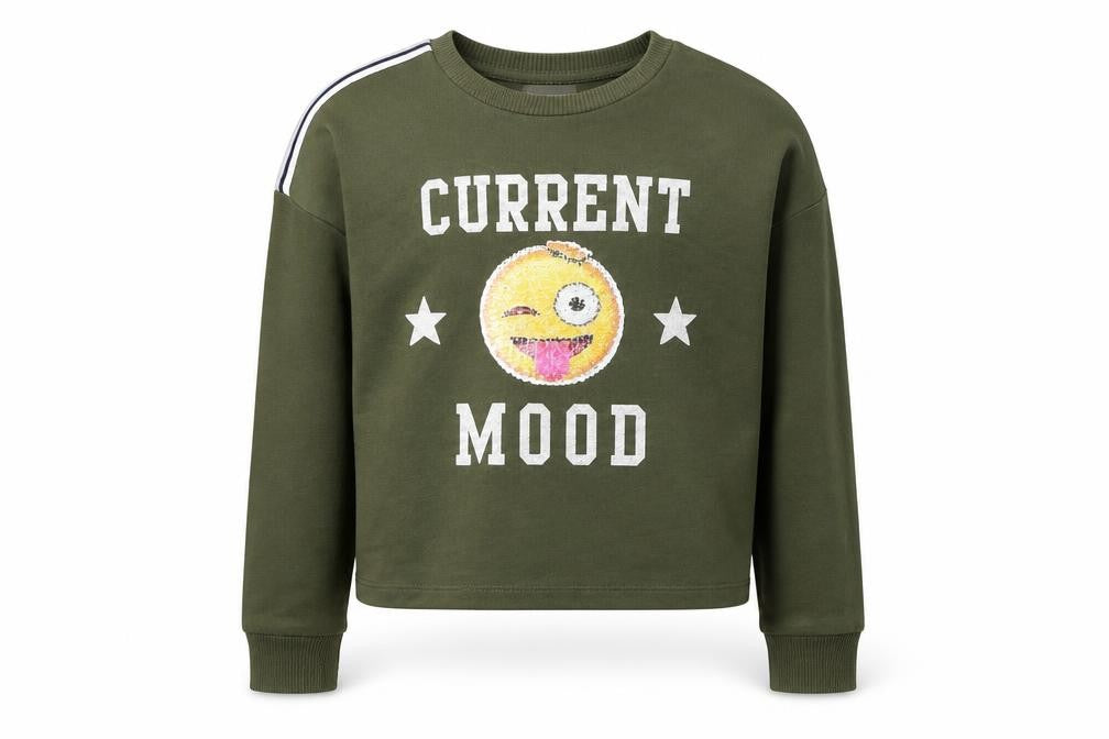 Front view of Preworn girls’ green jumper, size 11, years - emoji