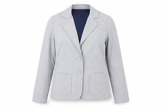 Front view of Hoi Polloi women’s blue striped jacket blazer, size UK 16