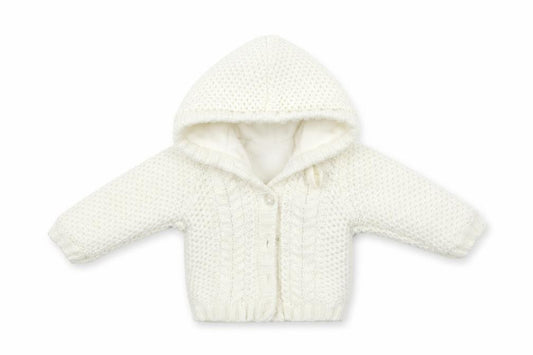 Front view of Early Days girls’ white jacket coatigan, size 0-3, months