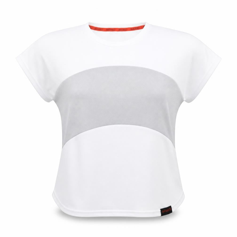 Front view of sundried women’s white basic t-shirt, size L
