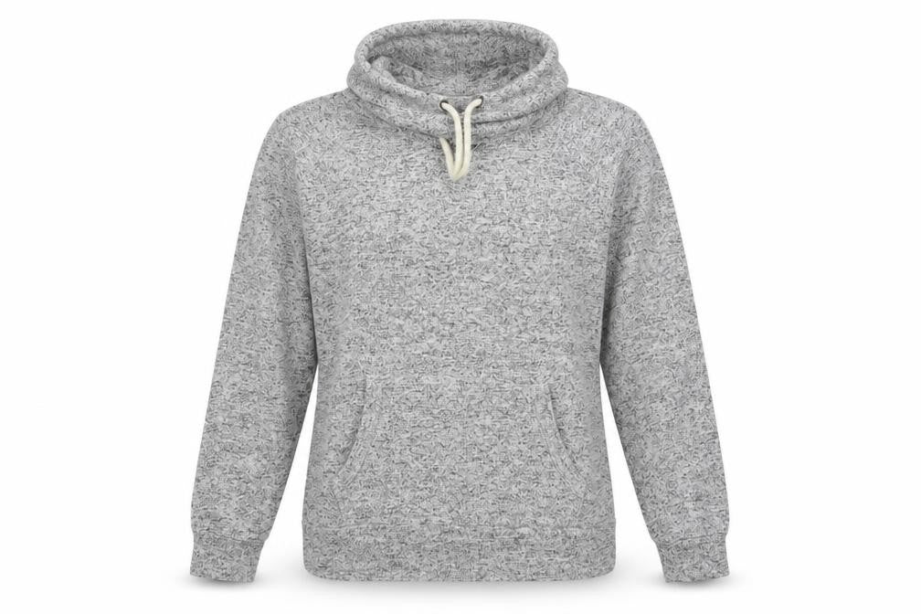 Front view of women’s grey pullover sweatshirt, size S, - drawstring cowl neck