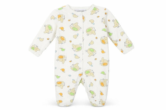 Front view of Bonjour Bebe Baby White Geometric Babygrow One-Piece, size 3-6, Months - Elephant