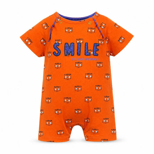 Front view of Mothercare Baby Orange Geometric Babygrow One-Piece, size 0-3, Months - Tiger print
