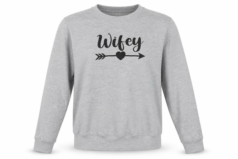 Front view of women’s grey pullover sweatshirt, size M