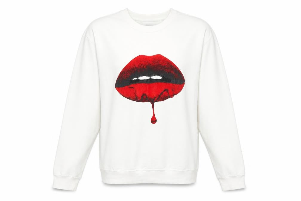 Front view of women’s white pullover sweatshirt, size M, - lips