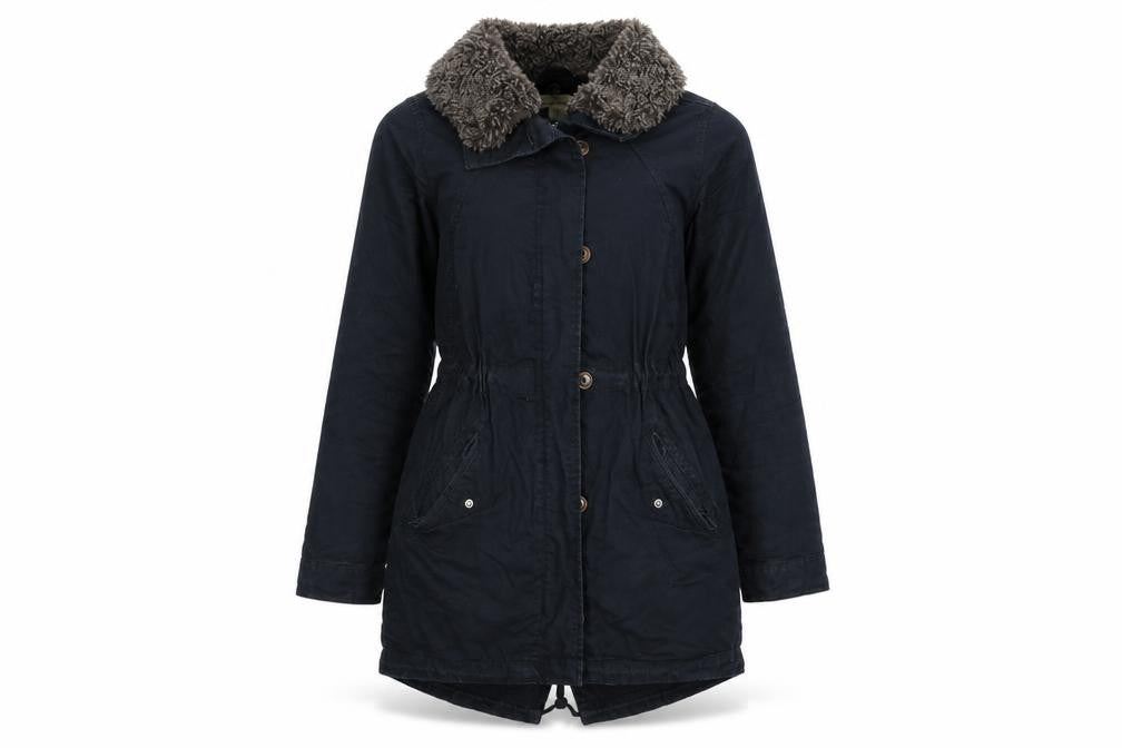 Front view of H&M women’s blue overcoat coat, size UK 6