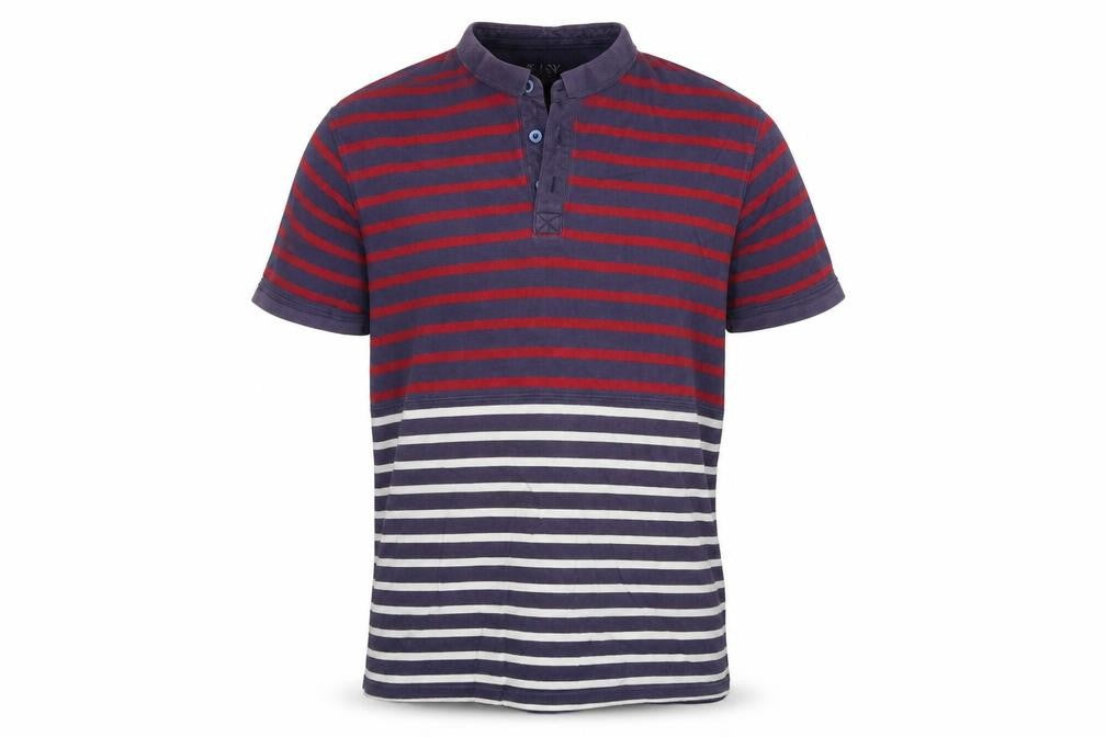 Front view of Easy men’s blue striped polo, size L