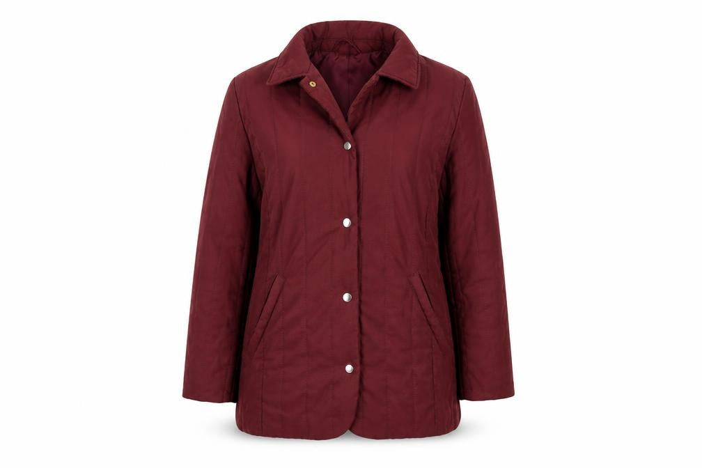 Front view of Marks & Spencer women’s purple coat, size UK 14