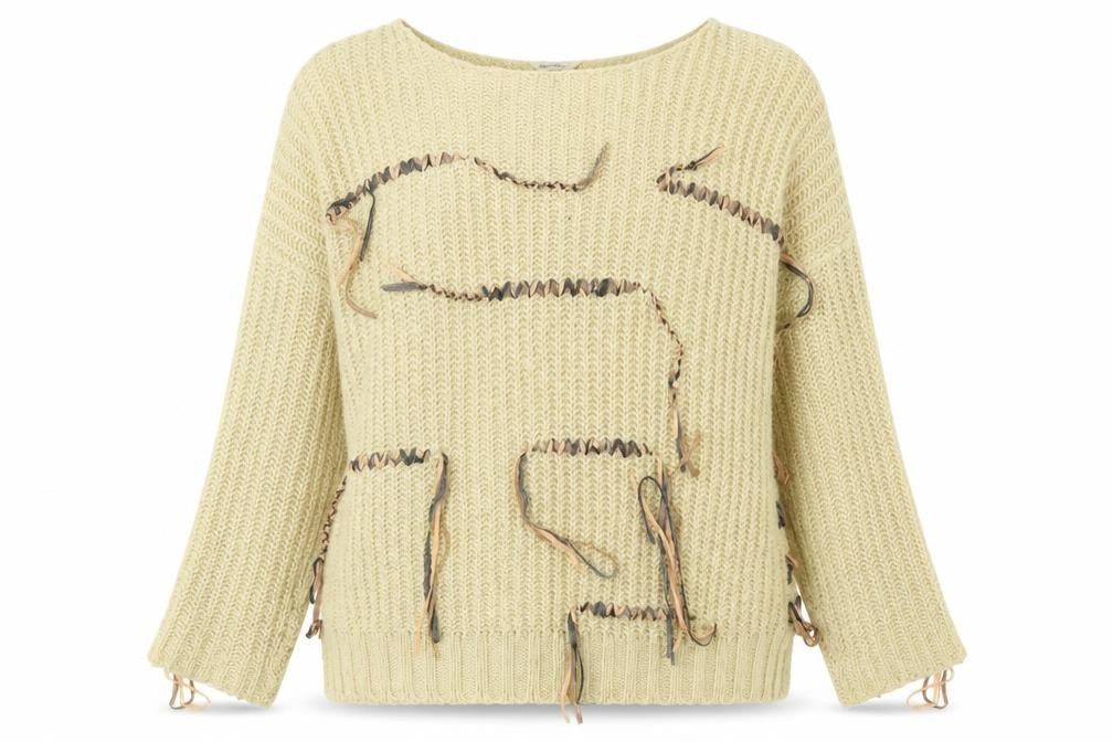 Front view of Miss Selfridge women’s beige striped jumper, size UK 14